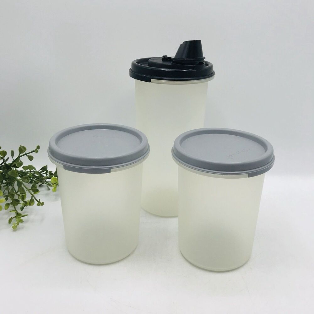 Tupperware 3 Pc Assorted  Shake and Pour Bottle, 2 Small Round Gray Black